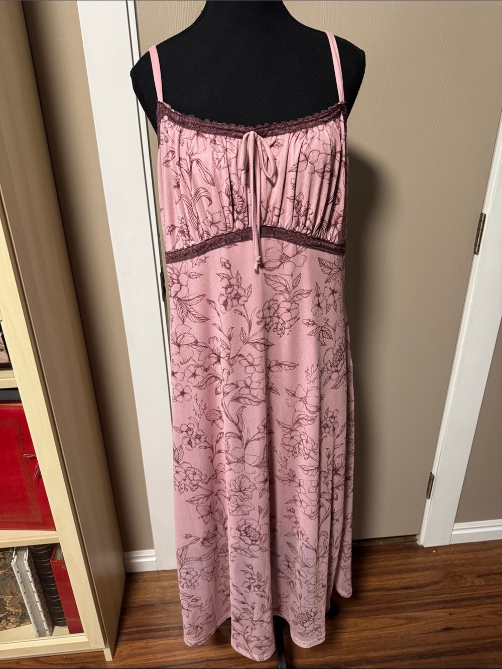 Vibe Pink Maxi Dress with Brown Floral Outline and Lace Trim